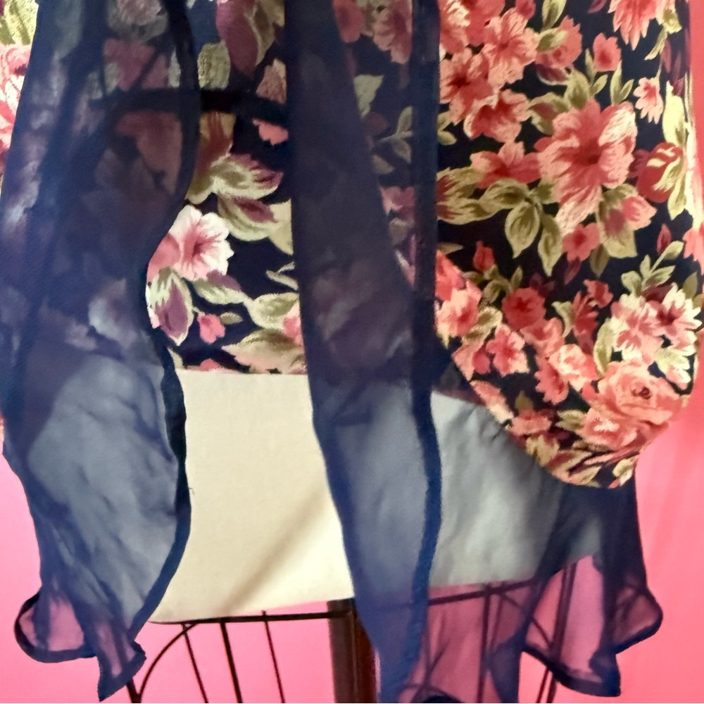 Vintage 80s 90s Coquette Rosette Floral Slip Dress Navy Ruffle Mini Slip Dress S - Picture 11 of 15